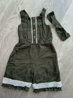 Tommy Bahama Girls Olive Green Romper Pants Jumper Set with Headband Size 2T